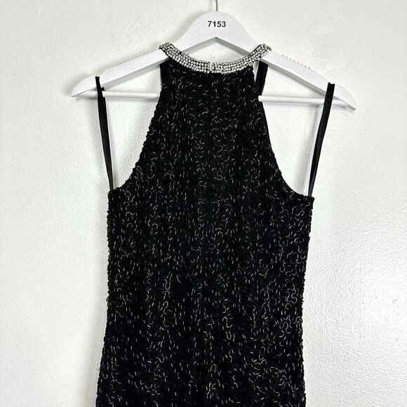 MAC DUGGAL Bugle Bead Halter Sheath Gown in Black Size US 4 - Picture 8 of 11